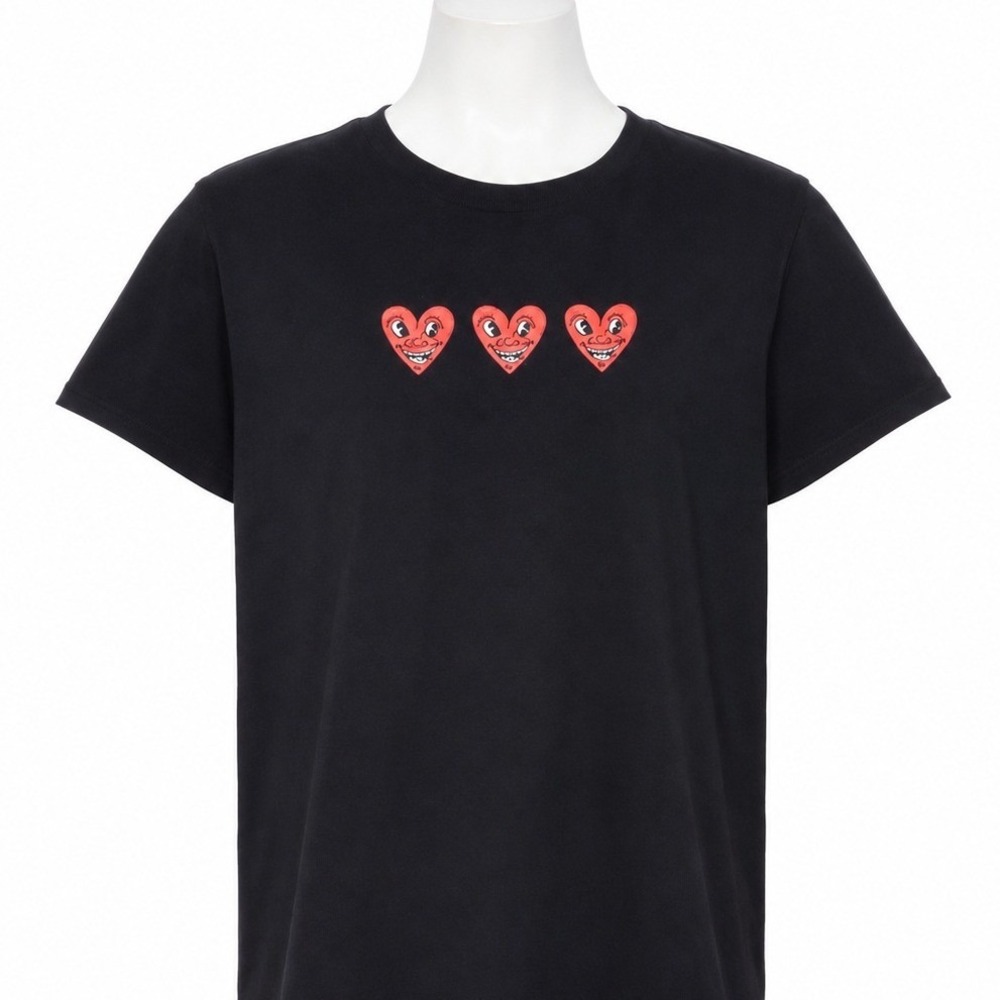 Keith Haring T-Shirt Women XL Black Smiling Hearts Pop Art Graphic Short Sleeve